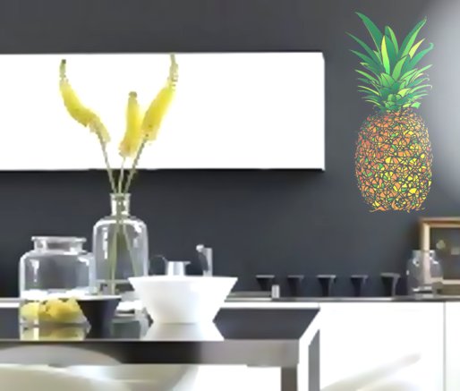 Ananas en pochoir peint sur mur de cuisine