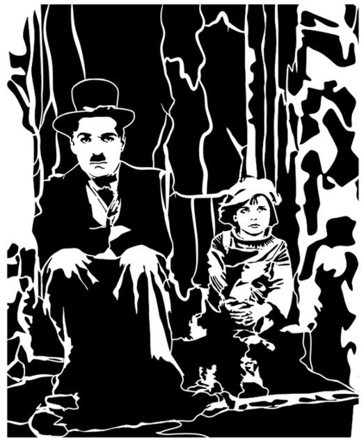 Charlie chaplin et petite fille assis pochoir mon artisane