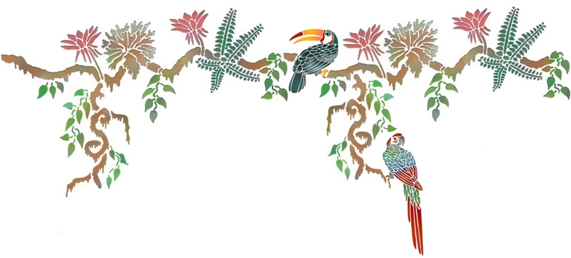 Frise liane oiseaux exotiques toucan perroquet pochoir