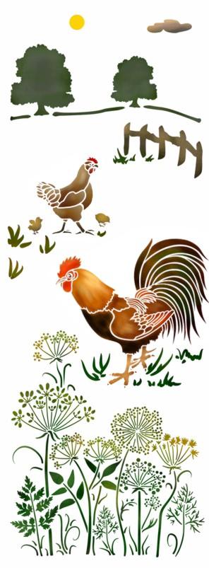 Mu4114 pochoir paysage vertical poule coq poussins mon artisane
