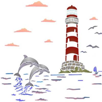 Pochoir paysage marin phare dauphins