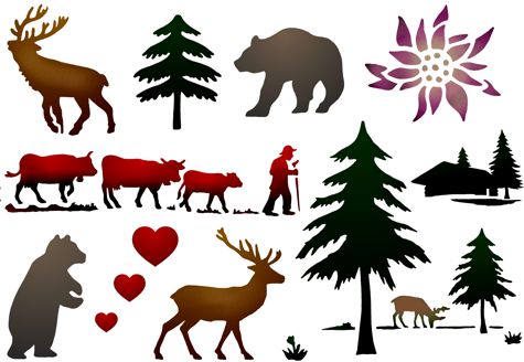 Scrap030 pochoirs de montagne sapin cerfs edelweiss chalet ours